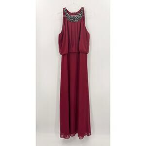 H9 Nine West Burgundy Beaded Maxi Dress Womens 16 Formal Chiffon Gown